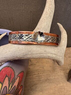 Southwestern Copper & Sterling Silver Flower Cuff Bracelet Native Made